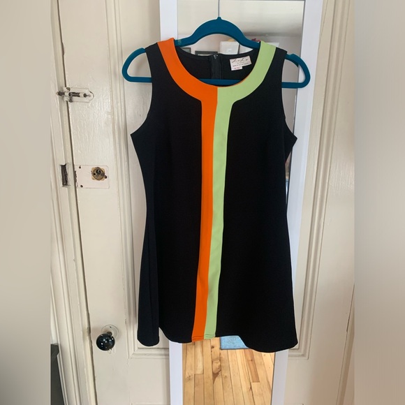 Vintage Mod Mini Dress - Black with Green and Orange Stripes - Picture 3 of 6